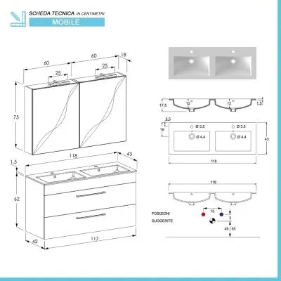 Mobile bagno sospeso 120 cm Smart grigio legno con specchio