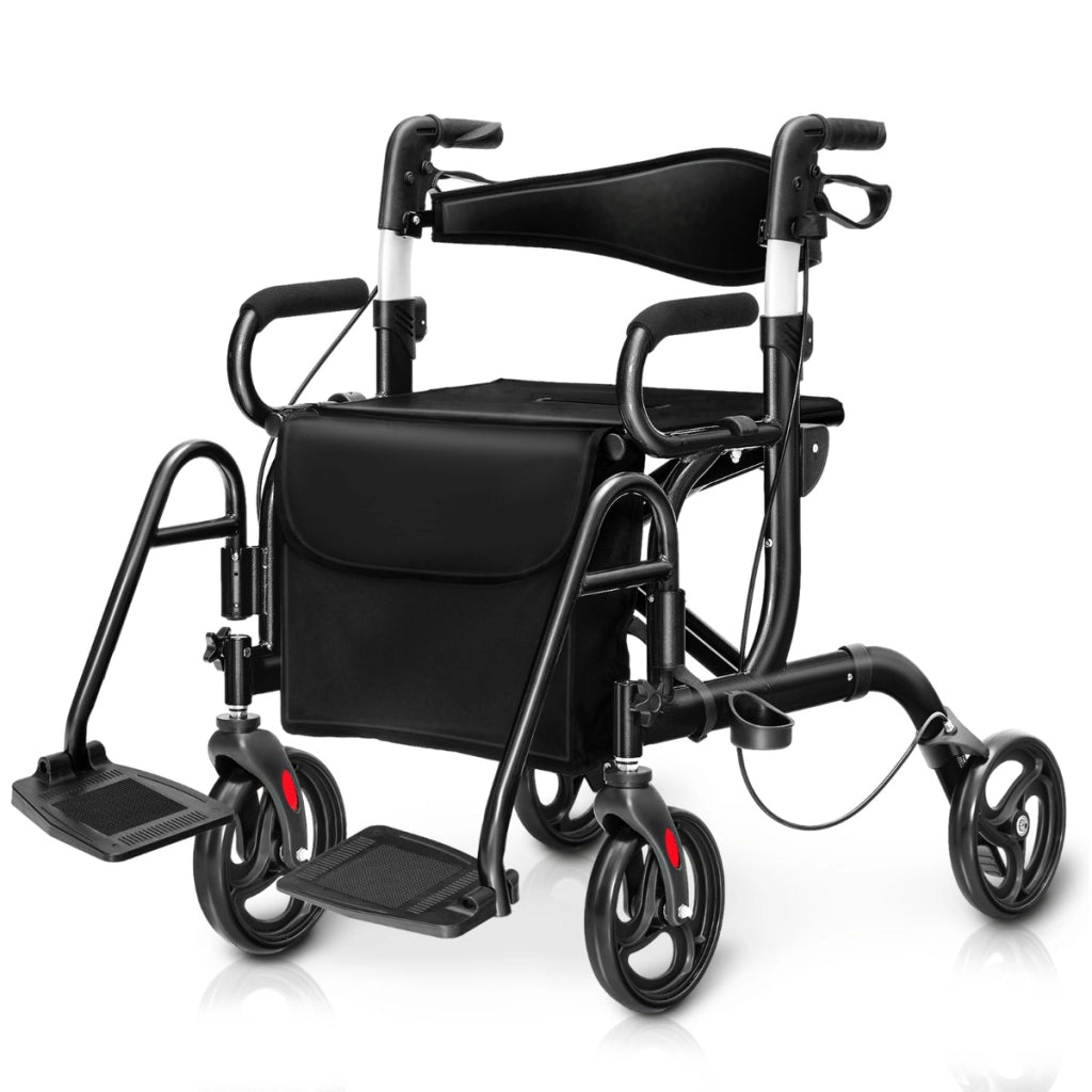 Rollator 2 in 1 per anziani con schienale reversibile manici regolabili ruote da 19,5cm, Deambulatore pieghevole Nero-Salute e bellezza