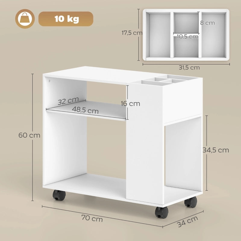 Carrello Porta Stampante Bianco con Ripiani e Vano Divisorio, 70 x 34 x 60 cm