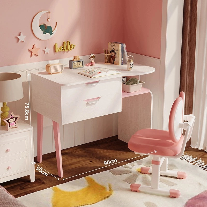 Moderna scrivania per bambini da 90 cm, bianca e rosa, con 2 cassetti e un ripiano