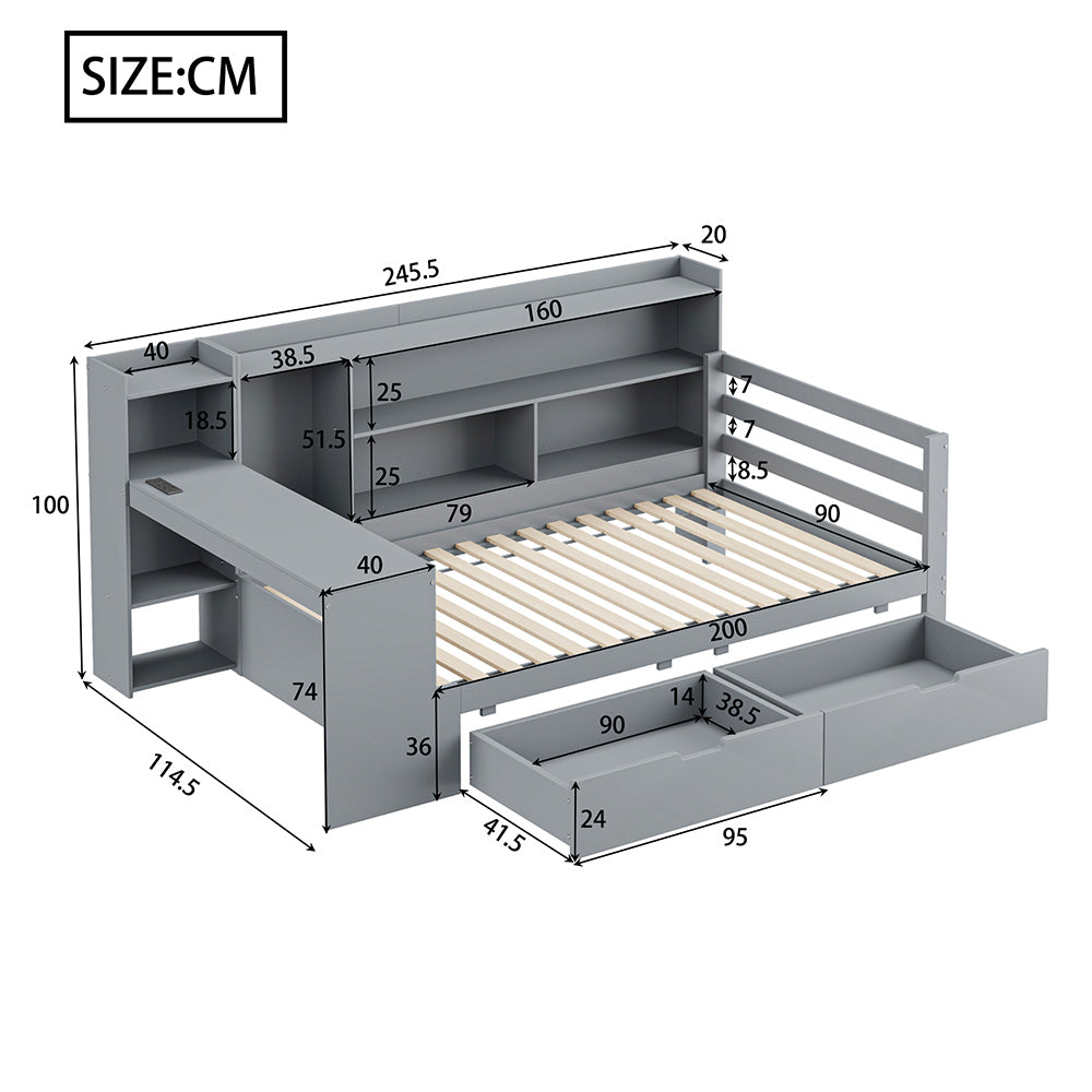 Divano letto-Xylo-90x200 cm-scrivania, scaffali, grigio
