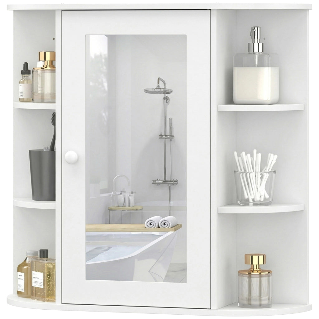 Specchio Bagno Contenitore con 6 Ripiani Aperti e 2 Chiusi, 66x17x63 cm Mobile Bagno con Specchio, Mobilettto da Parete in Vetro, Bianco