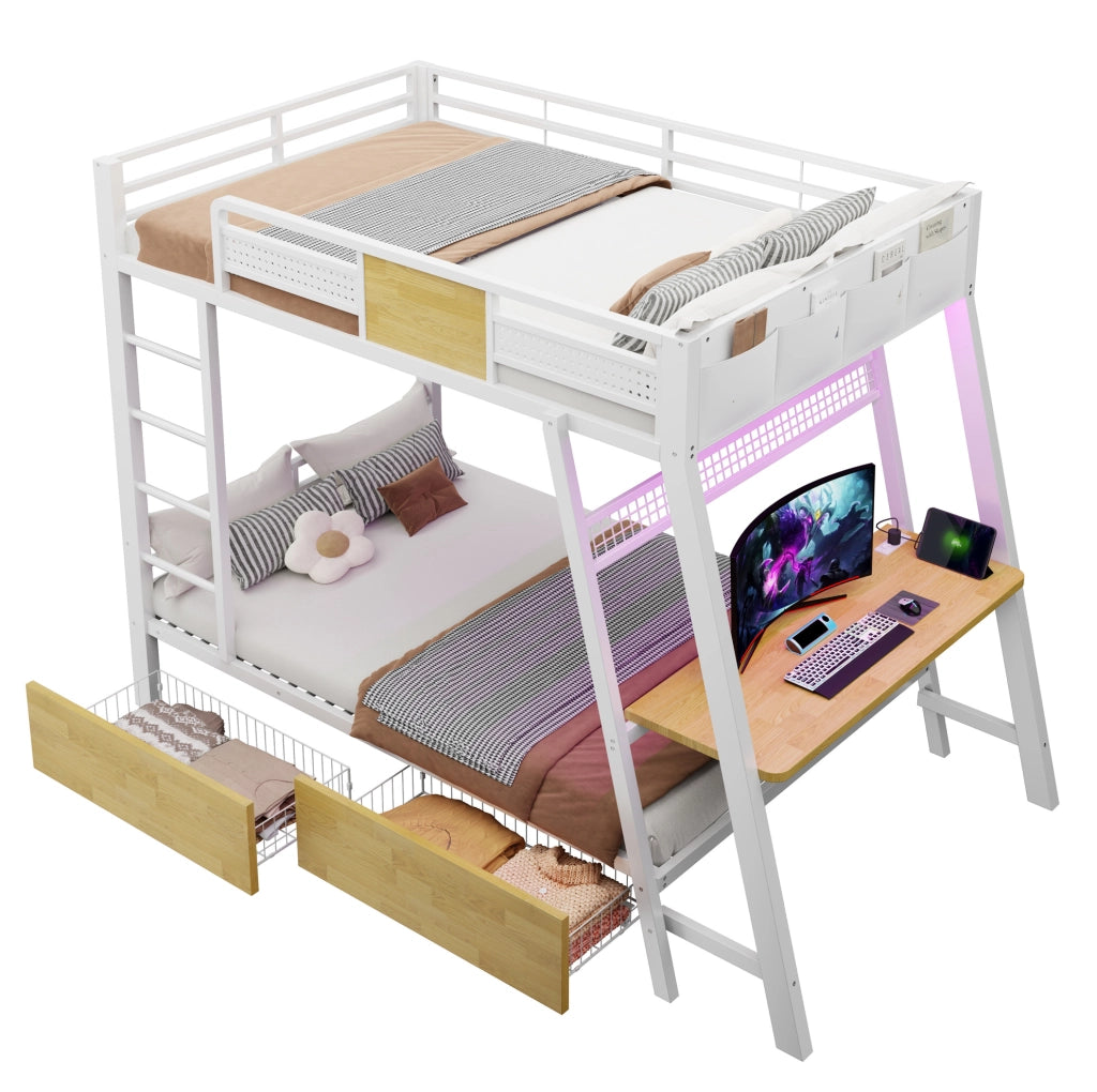 Letto a castello 90x200 cm con scrivania; LED e contenitori in metallo bianco