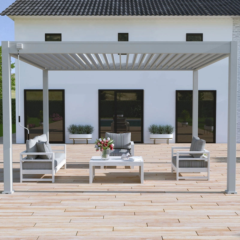 Pergola bioclimatica OmbrÃ©a autoportante VS - 3x4M Grigio perla + 1 tenda 4M bianca