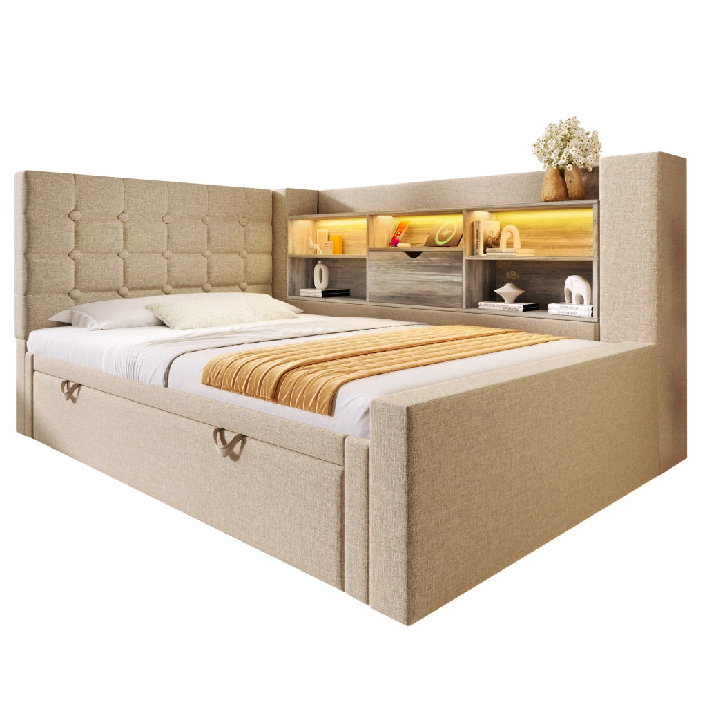 Letto imbottito 90x200 cm con letto estraibile; LED e porte USB; beige