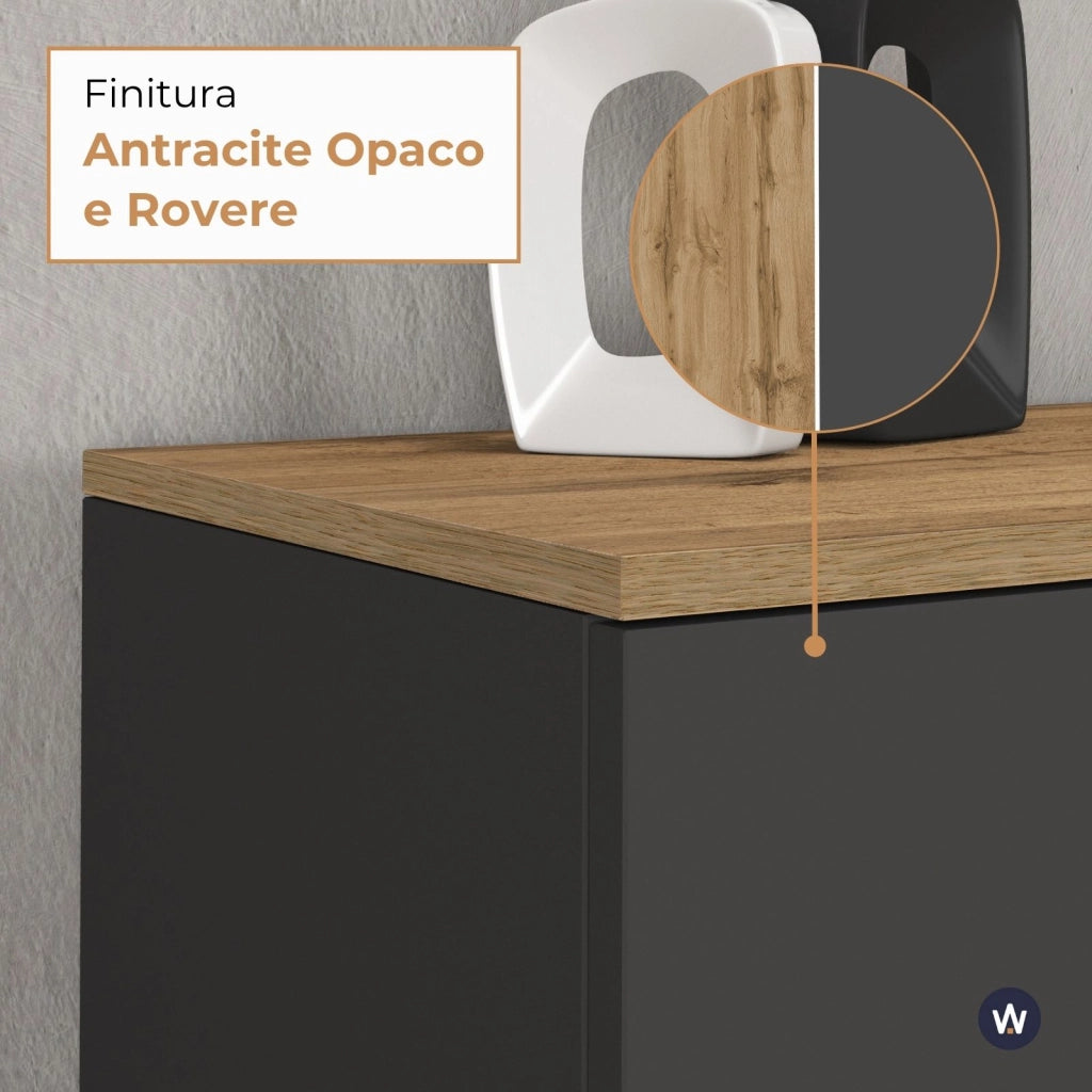 WHOUS Credenza sospesa Iseo con 3 ante e 6 scomparti interni antracite opaco e rovere 150x35x70 cm