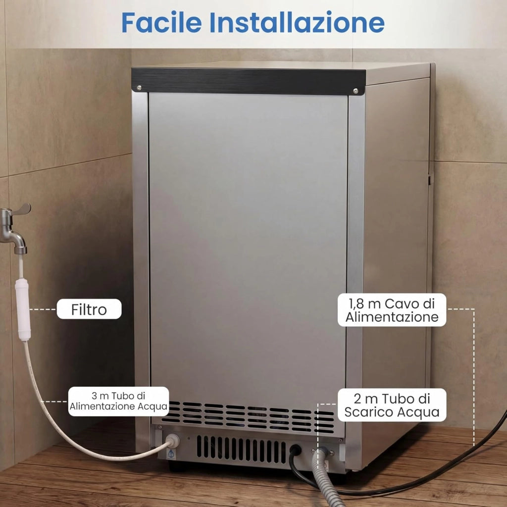 Macchina per Ghiaccio Commerciale, 25-30 kg/24H, Produttore di Ghiaccio in Acciaio Inox con Autopulizia, Filtro dell’Acqua, per Bar Ristorante e Caffetteria
