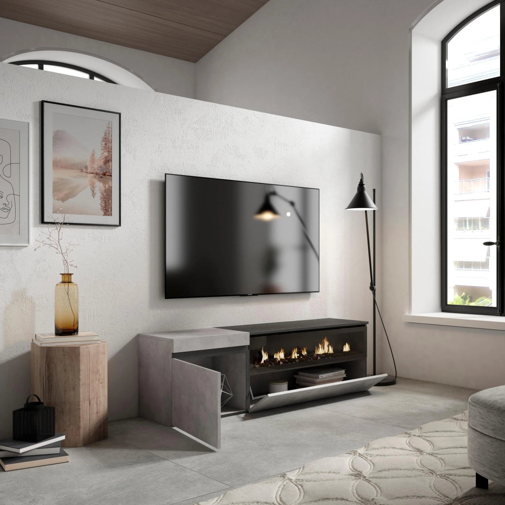 Mobile TV Soggiorno, 150x35x45cm, Per TV fino a 65", Camino elettrico, grigio cemento RF2472