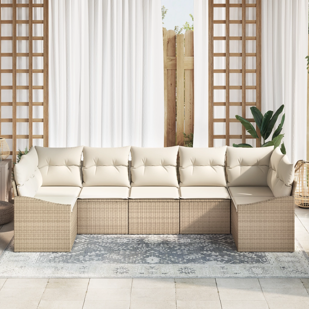 Set da pranzo da giardino 7 pezzi con cuscini beige in polirattan