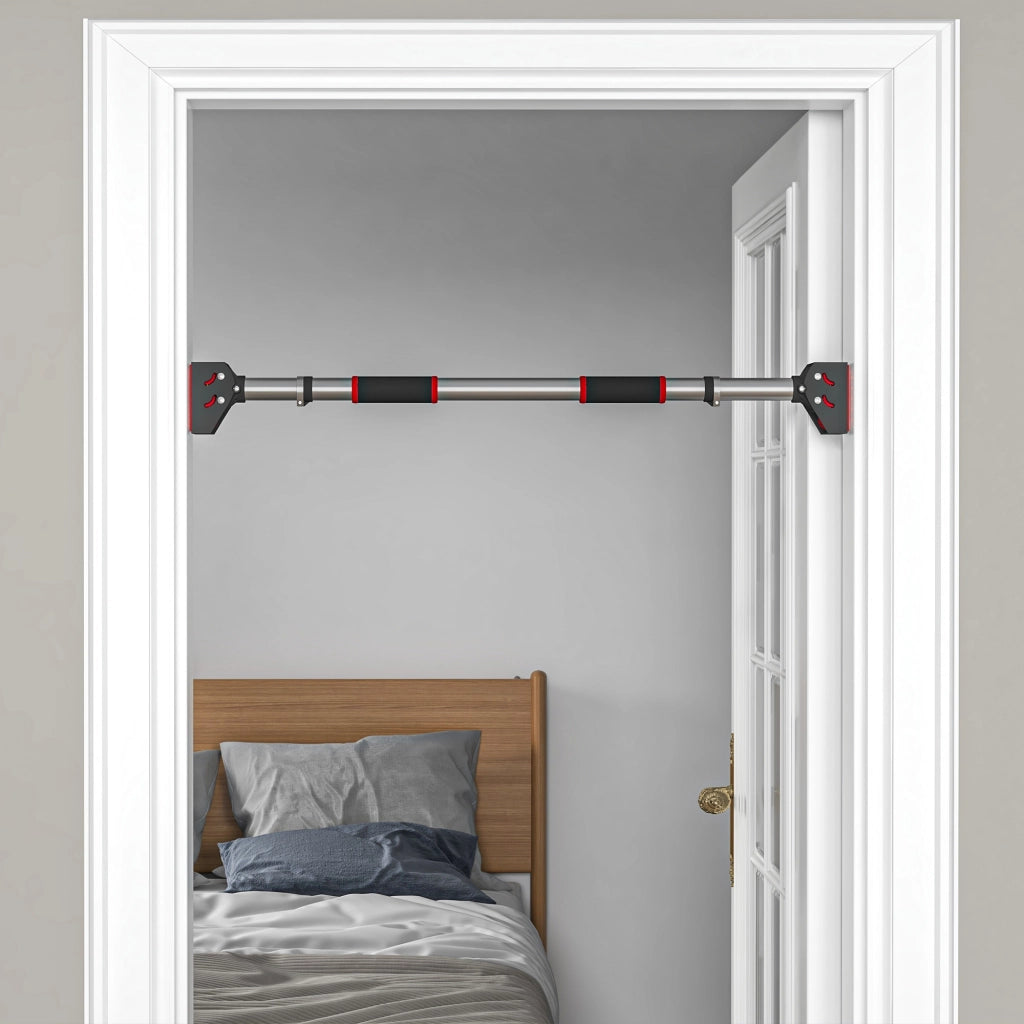 Sbarra da palestra per porta ¨C zephmum ¨C regolabile, senza fori, acciaio, nero/rosso, 75-92x10x7 cm