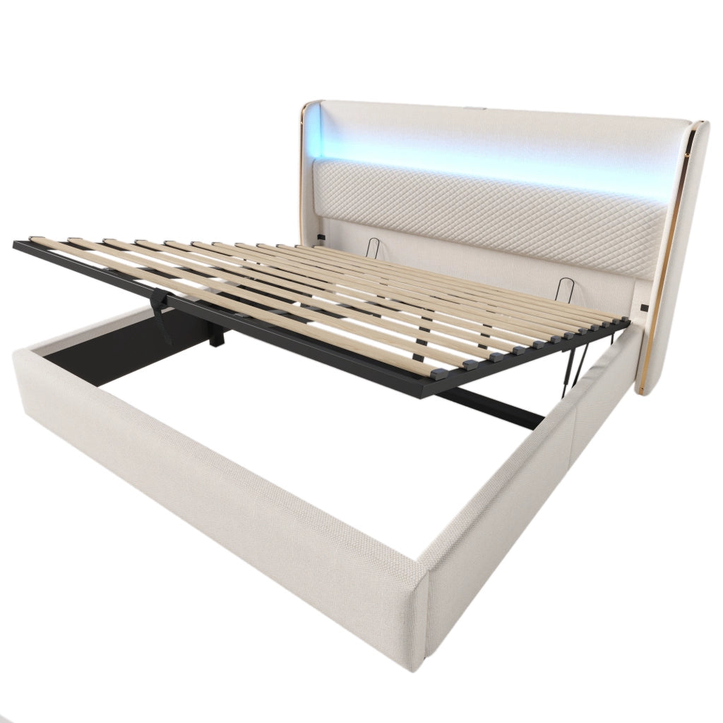 OKWISH Letto contenitore 90×200 cm, Letto Singolo con LED Regolabile, USB, Tipo C e Testiera Alta, senza Materasso, in Lino, Beige