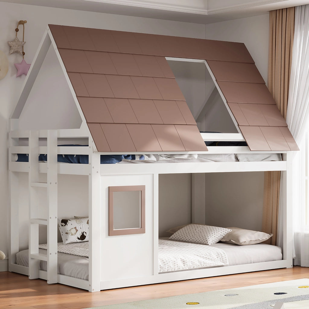 Letto a castello 140 × 200 cm con tetto e scala, sponde di sicurezza, senza materasso, in legno, marrone e bianco
