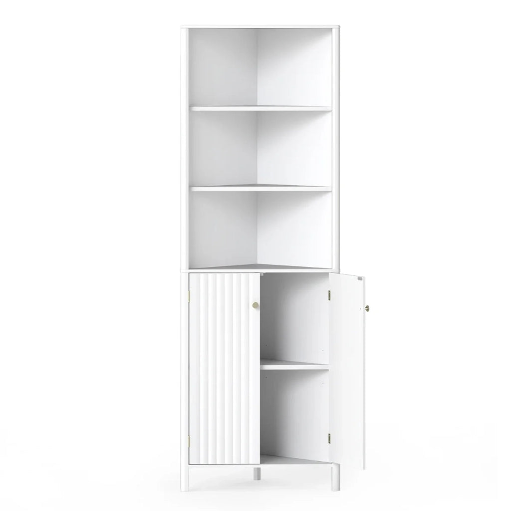 Mobile alto angolare 32 x 58 x 172,5 cm design salvaspazio 5 ripiani e 2 ante scanalate in MDF bianco 20_0016070