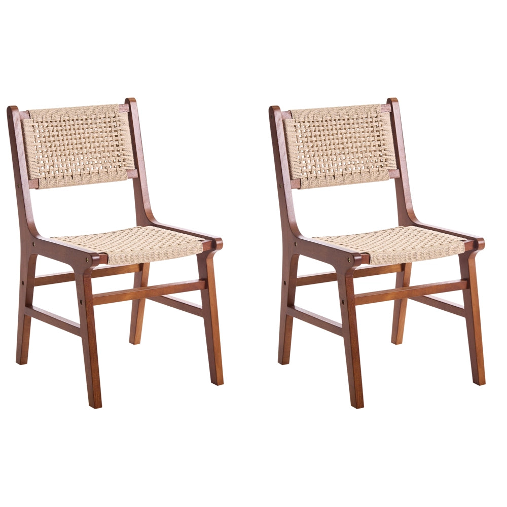 Set di 2 sedie da pranzo marrone e beige Struttura in legno di gomma beige Seduta e schienale in corda di carta Sala da pranzo Boho