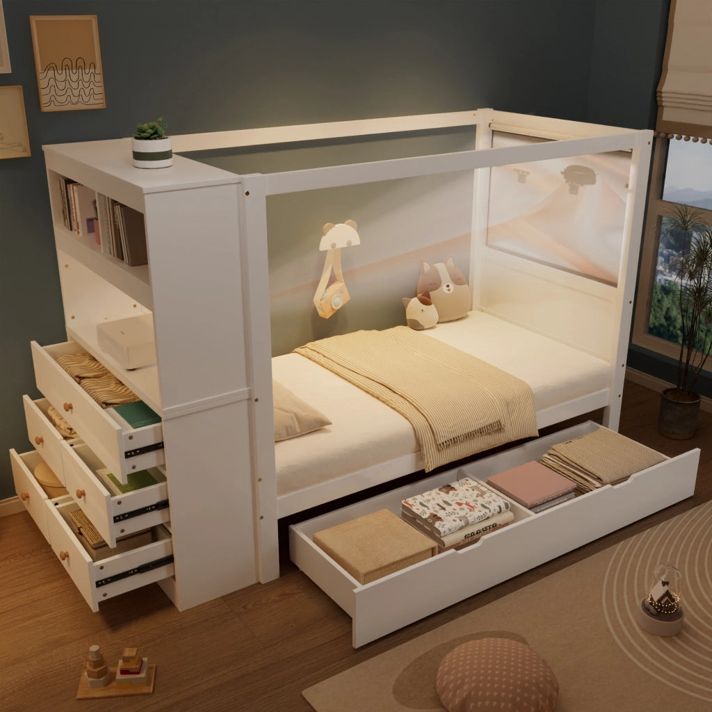 Letto singolo 90x200 cm con protezione anticaduta e contenitore bianco