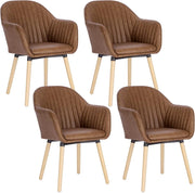 Set di 4 Sedie per Sala da Pranzo con Schienale Braccioli Poltrona Imbottita Gambe in Legno Seduta in Similpelle, Marrone, BH336br-4