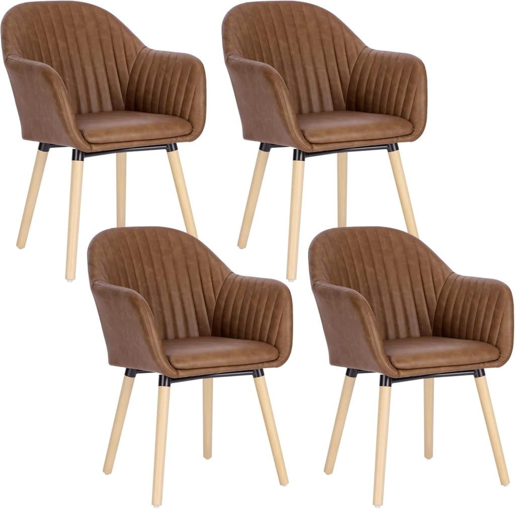 Set di 4 Sedie per Sala da Pranzo con Schienale Braccioli Poltrona Imbottita Gambe in Legno Seduta in Similpelle, Marrone, BH336br-4