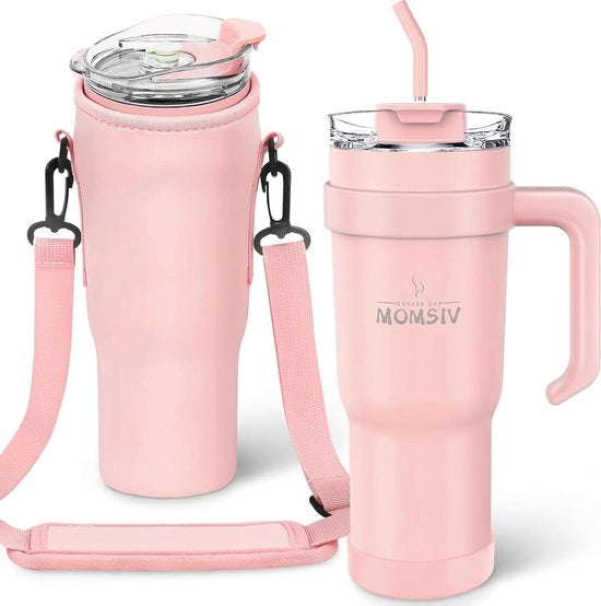 Tazza termica con manico e beccuccio, 1100 ml, resistente alla lavastoviglie, tazza per caffè, doppio strato, acciaio inossidabile, vuoto, impermeabile, tazza isolante per bevande calde e fredde, rosa, con supporto per tazze