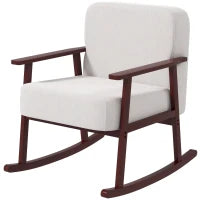 Poltrona a Dondolo in Tessuto Effetto Lino e Legno con Braccioli e Cuscini, 66x78x76 cm, Beige e Marrone