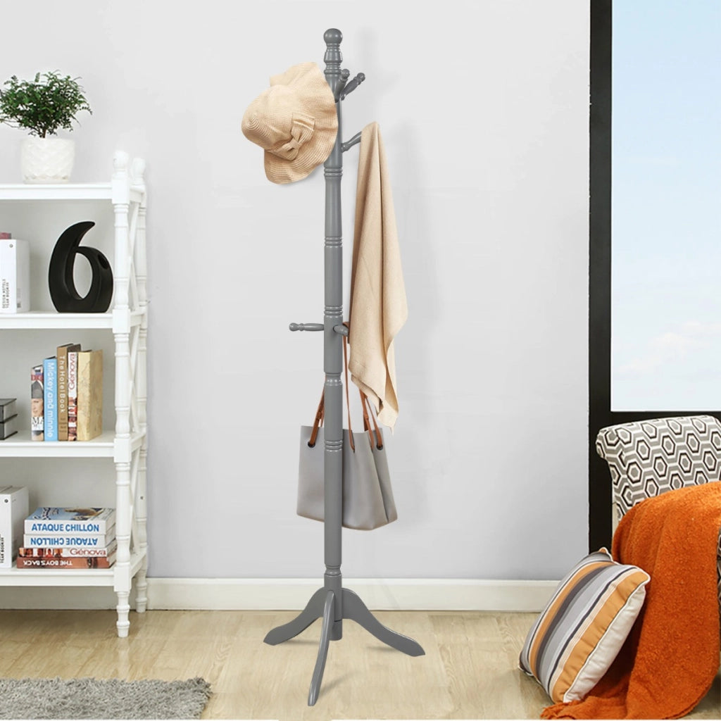Attaccapanni ad albero in legno di gomma con 9 ganci, Appendiabiti da ingresso  altezza regolabile50x50x175cm Grigio-Appendiabiti