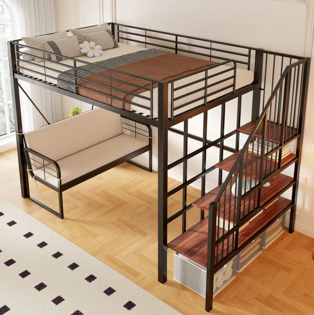 Letto a castello 140x200 cm in metallo e MDF con divano imbottito rimovibile; scala contenitore; nero