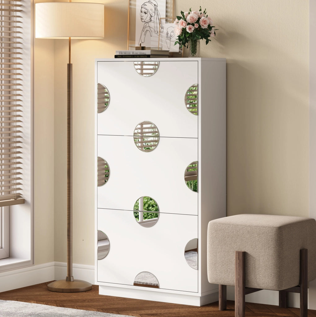Scarpiera salvaspazio con 3 ribalte e specchio rotondo 63x24x120 cm in MDF bianco