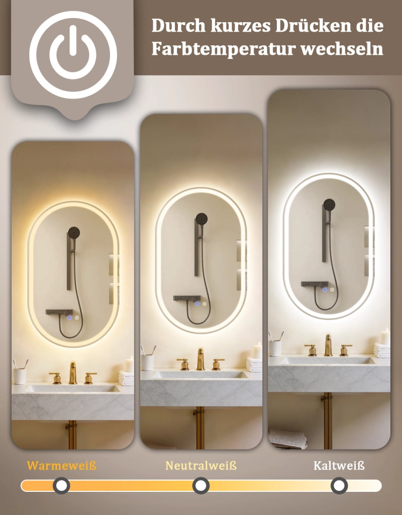 ZMH Specchio da bagno ovale con luce LED 50x80 cm parete touch antiappannamento IP44 dimmerabile 3000K-6500K