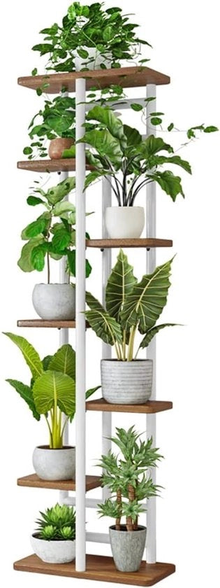 Rack per fiori in piedi per angolo giardino - organizzatore di archiviazione a 7 livelli di profondità in legno con nervature.