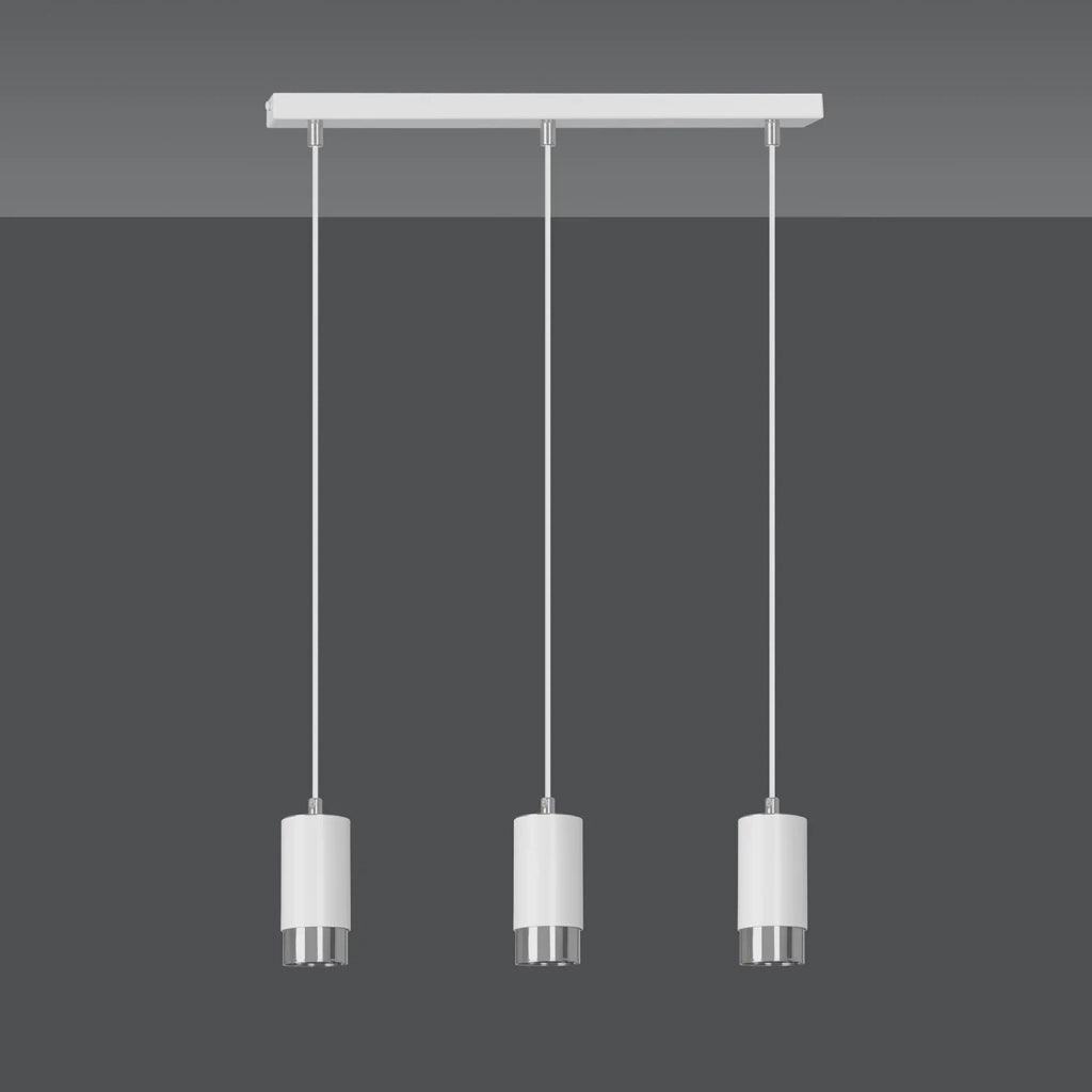 Lampadario 3 Luci Ivar Con Cilindri In Acciaio Bianco E Cromo