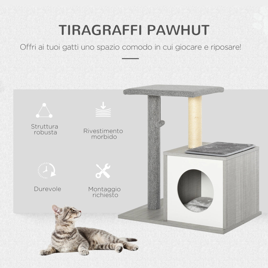 EasyComfort Albero Tiragraffi Multilivello per Gatti e Gattini con Cuccia e Colonna in Corda Sisal, Grigio, 59 x 39 x 62cm