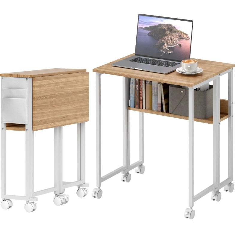 Scrivania pieghevole 63 cm con ruote, ripiano e tasca, colore naturale