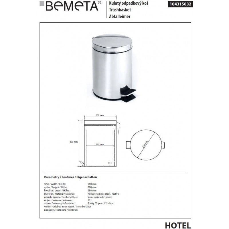 Pattumiera doccia HOTEL in acciaio lucido ø 25 cm / 12 L