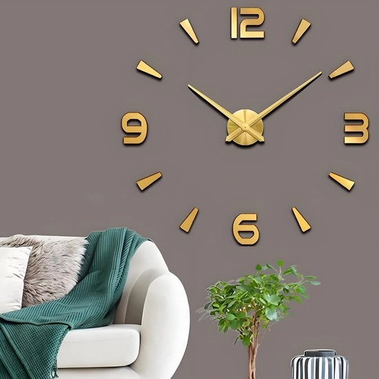 Decorazione per Parete 3D Oro Sticker con Orologio Decorativo per Ufficio, Camera da Letto, Sala da Pranzo Orologio Decorativo con Modello 3D (Goud)