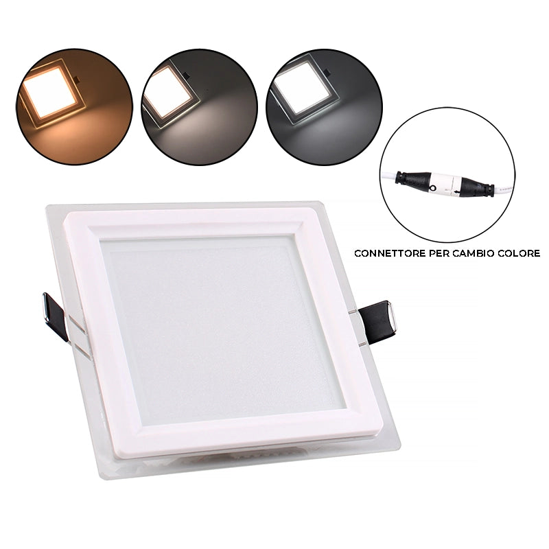 PANNELLO LED 9W QUADRATO BIANCO DA INCASSO PER CONTROSOFFITTI CCT SLIM VETRO E CON TRE OPZIONI DI TEMPERATURA COLORE