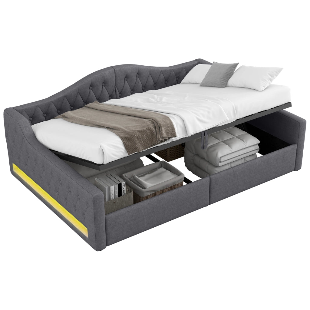 Letto giorno con illuminazione LED e vano contenitore grigio MDF compensato 140x200 cm