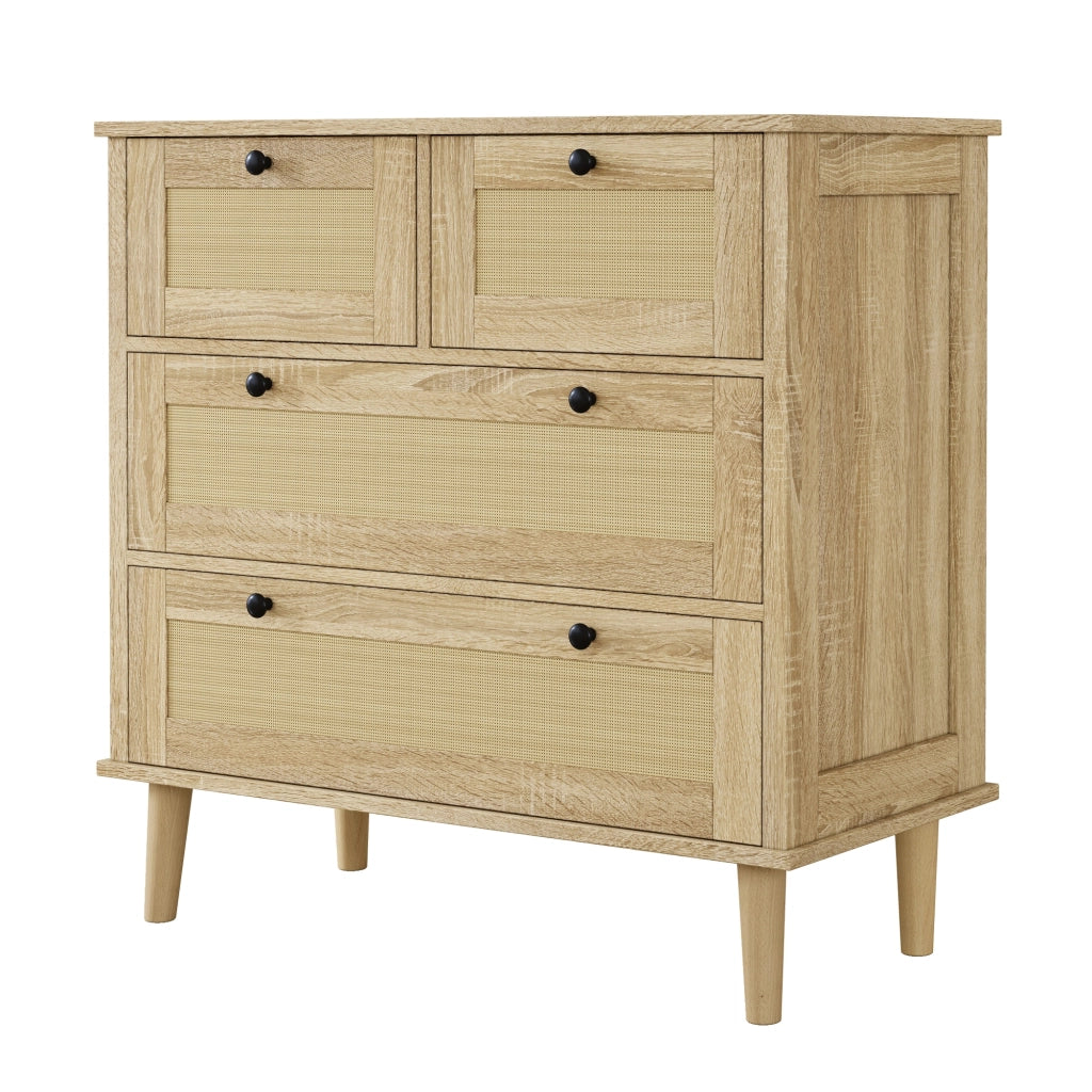 Chest of drawers with four rattan drawers - Zephmum- Solid wood legs