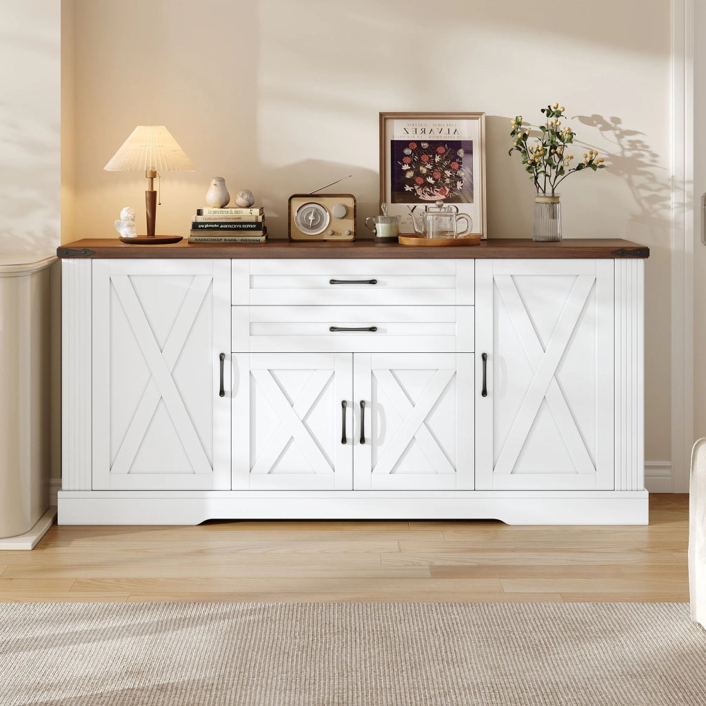 Credenza da sala da pranzo, 4 ante, 2 cassetti, mobile da salotto, mobile contenitore, finitura effetto legno, bianco, 160 x 39 x 81.5 cm