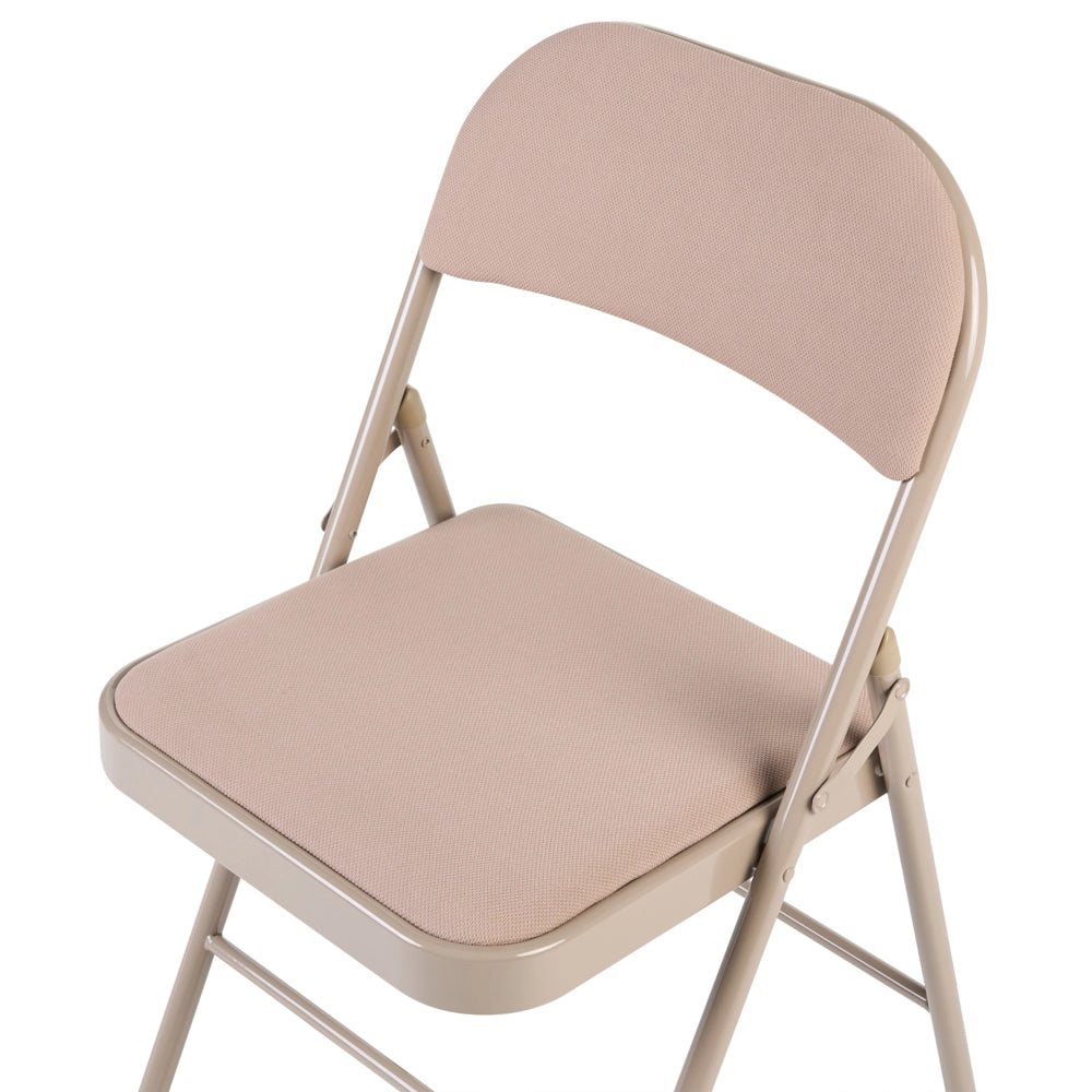 Set di 4 sedie pieghevoli con struttura in metallo beige, seduta e schienale imbottiti in tessuto, sedute ribaltabili