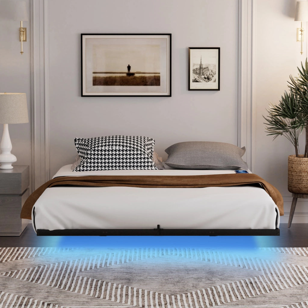 Letto flottante in metallo con LED e doghe, 160x200 cm, nero