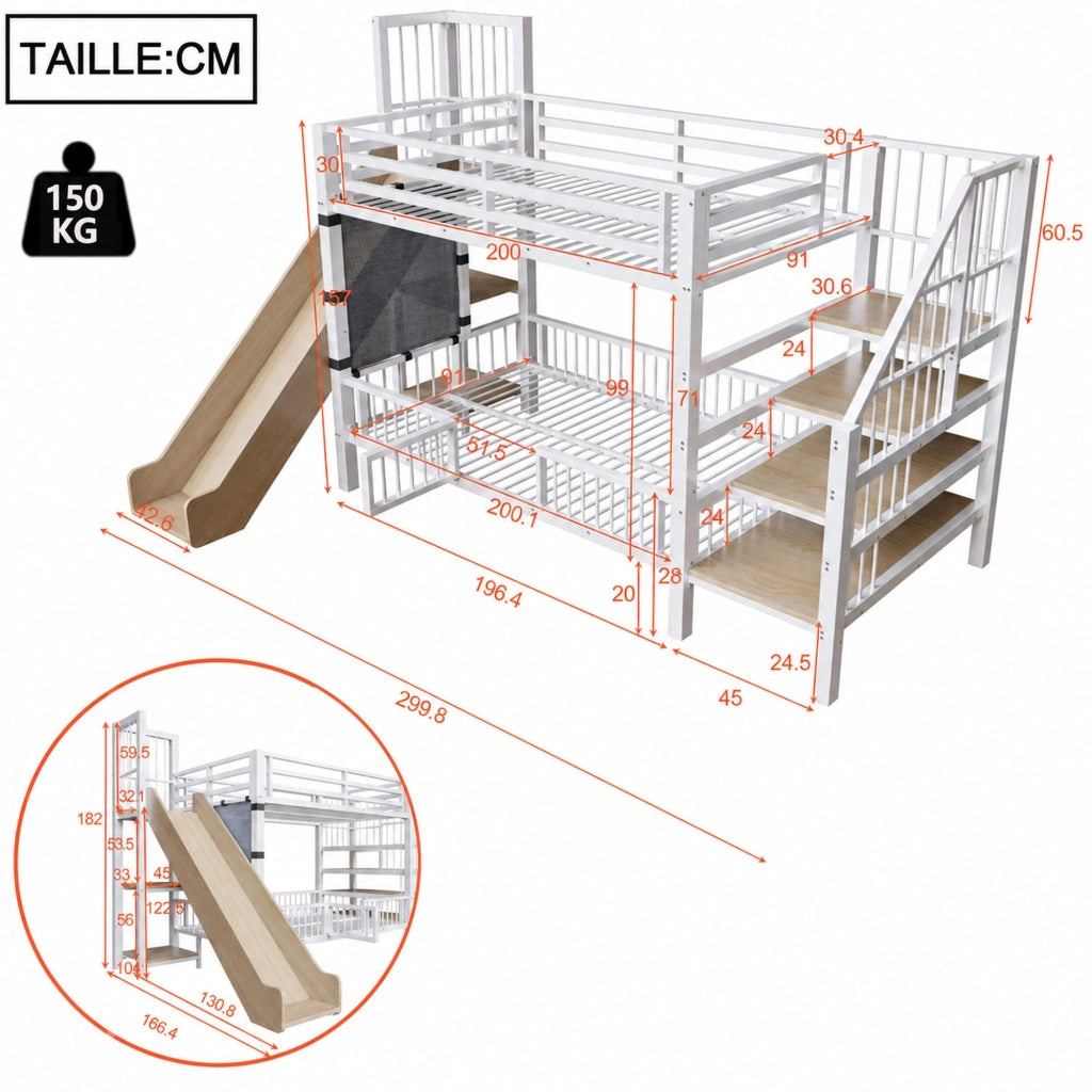 Letto a soppalco per bambini in metallo con scivolo, scala contenitore e ripiani integrati, 90x200 cm, bianco