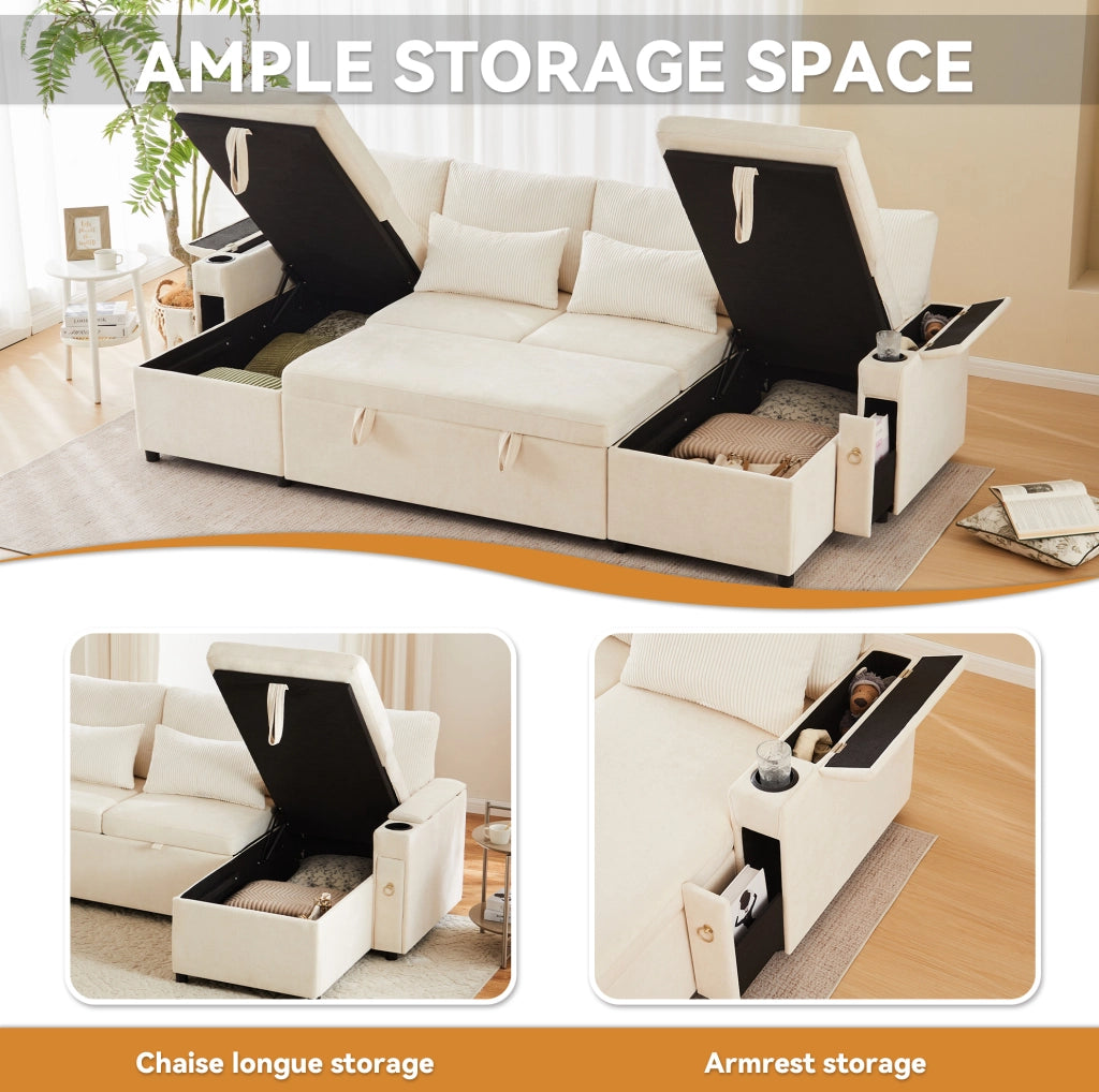 Divano letto modulare ULEVR a U 272x131x84 cm, 4 posti, con contenitore e portabicchieri, beige