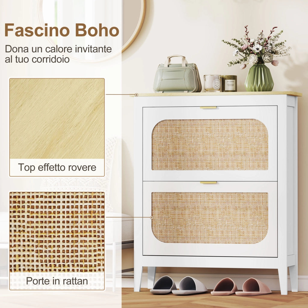 Scarpiera Slim Stile Boho con 2 Cassetti Ribaltabili per 14 Paia di Scarpe 80x24x95,5 cm Anta con Pannello in Rattan