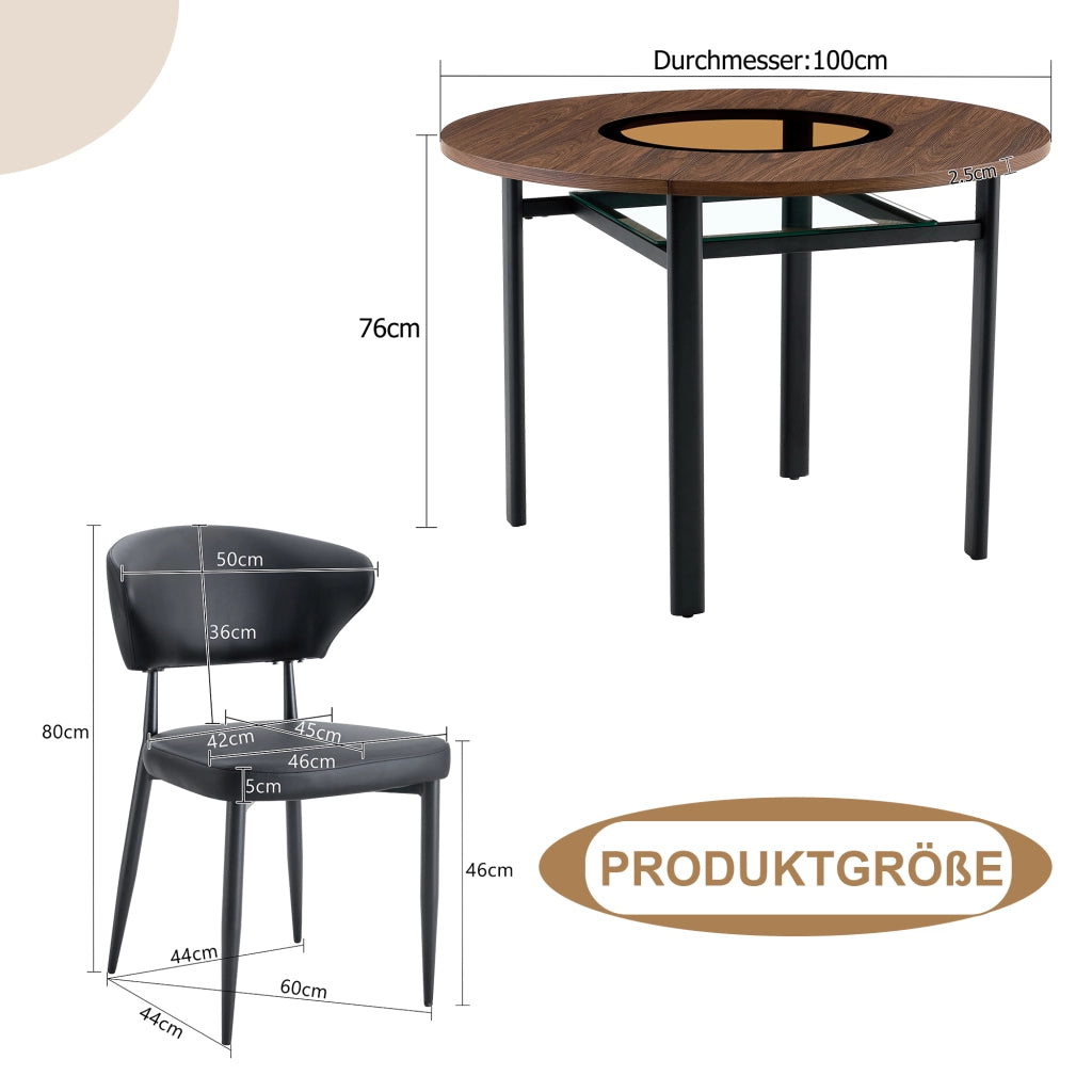 Tavolo da pranzo rotondo in MDF con intarsio in vetro, per 4-6 persone, per sala da pranzo e cucina, 100 cm
