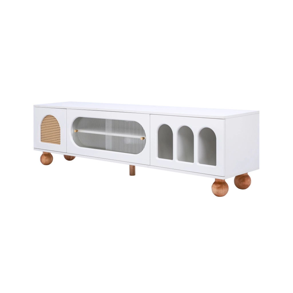 OKWISH Mobile TV con Ante Decorative e 3 Vani Aperti, Anta Scorrevole in Vetro, per Soggiorno, 170 x 47 x 37 cm