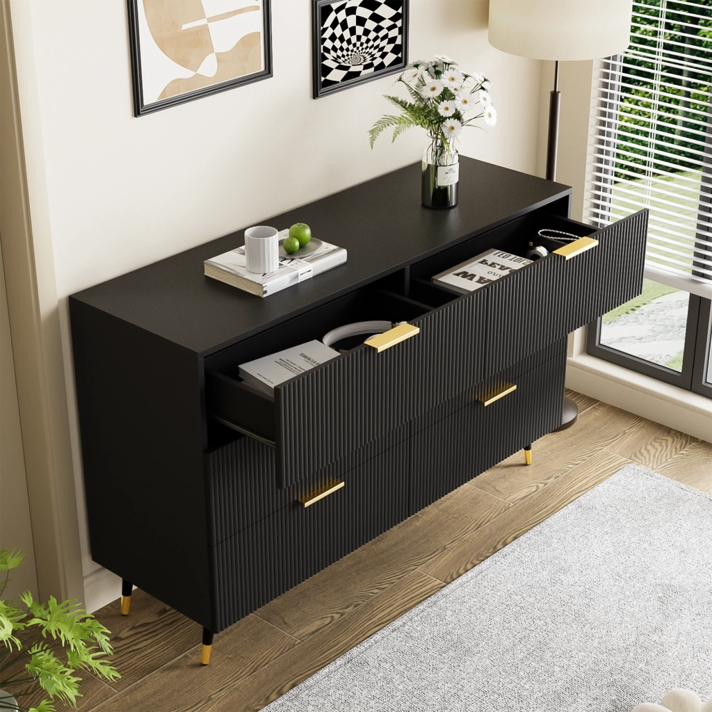 Madia con 6 Cassetti; Maniglie e Gambe Dorate per Soggiorno in Pannello di Particelle 120×40×77 cm