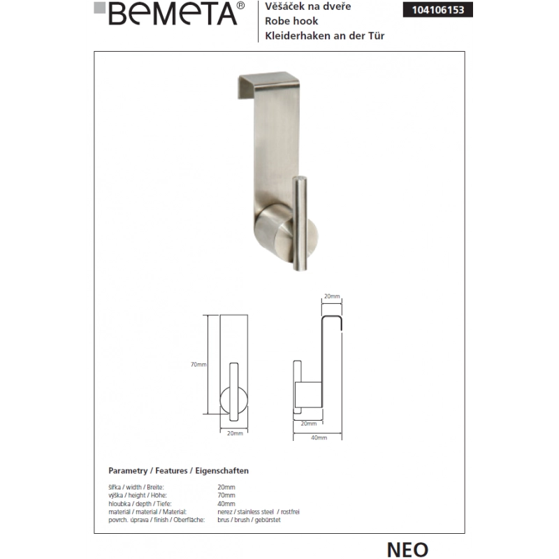 Gancio porta NEO in acciaio inox opaco 7x2x4cm