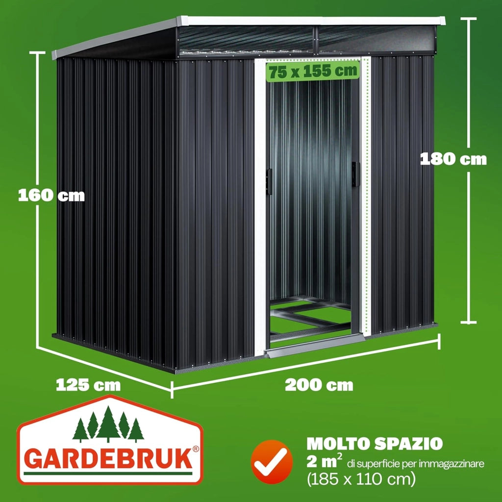 ® Casetta da Giardino in Metallo 2m² con Fondazione 200x125x180cm 2 Finestre Capanno per Attrezzi 4m³ Esterno