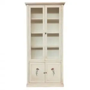 Vetrina cristalliera in legno Shabby chic avorio anticato decorato a mano