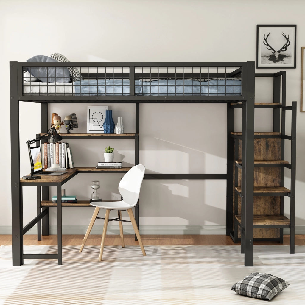 Letto a castello nero marrone con scrivania e armadio in metallo e MDF 140x200 cm