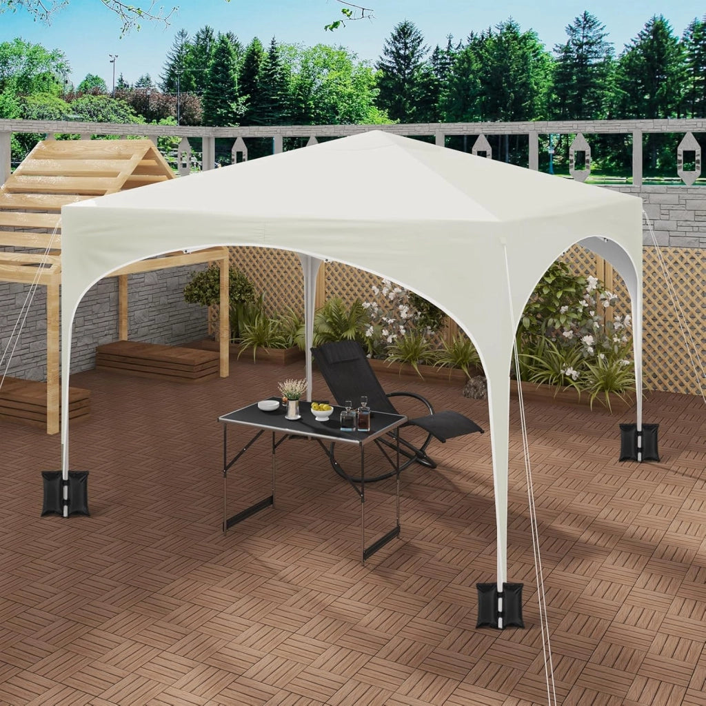 Gazebo da Giardino Richiudibile 3x3m Gazebo da Esterno in Ferro Regolabile in Altezza Tendone con Soffitto Semicircolare Pieghevole Protezione Solare,Set di 4 Sacchi di Sabbia,Beige